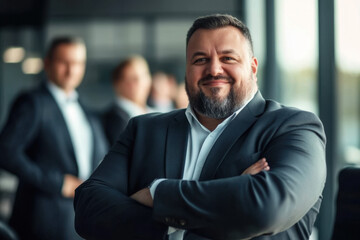 Confident plus size businessman in a modern office setting, exuding professionalism and success