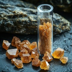 Raw monazite ore with coarse sandy texture and processed monazite powder in a glass vial on a laboratory surface

