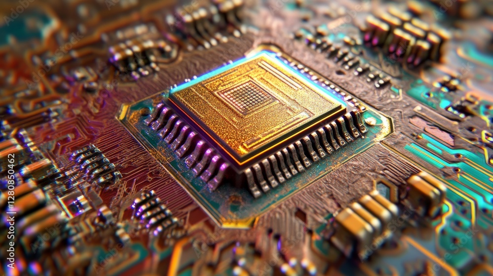 Poster delving into the fine nuances of an advanced circuit board design featuring luminescent components