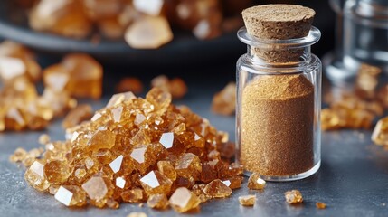 Raw monazite ore with coarse sandy texture and processed monazite powder in a glass vial on a laboratory surface

