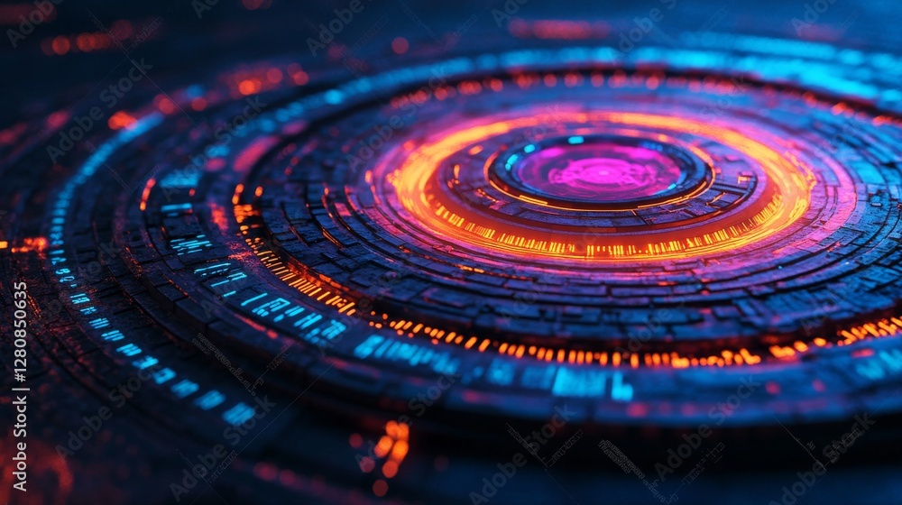 Poster a dynamic circular design with glowing light patterns set in a futuristic digital world