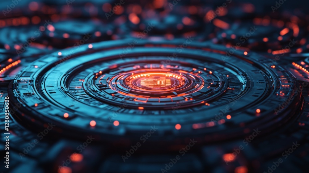 Poster glowing light patterns form a dynamic circular design within a futuristic digital landscape