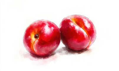 Obraz premium Two ripe red plums resting on a white background, showcasing their smooth skin and vibrant color