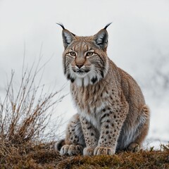 Naklejka premium A full-body shot of a lynx sitting on its haunches, framed by a clean white background.