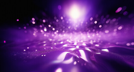 Fototapeta premium Abstract purple background with bright light and shimmer. A path of light flows towards the viewer in a dark space.