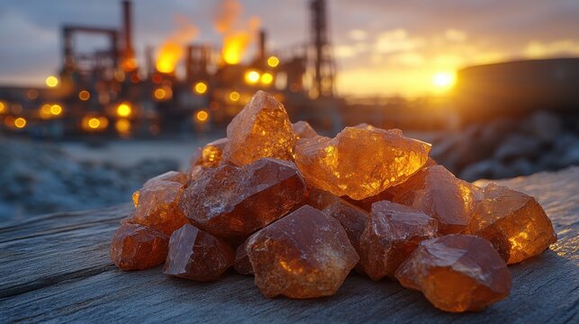 Close-up of monazite ore grains with metallic sheen on a wooden surface, industrial smelting facility in background

