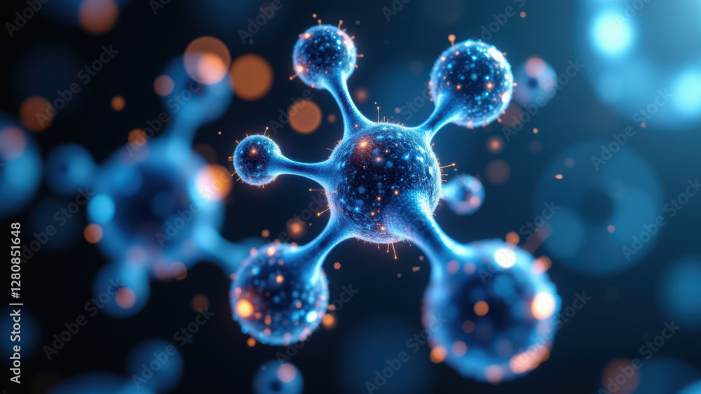 Poster a magnified image of a semaglutide molecule with a glowing atomic structure and surrounding electron