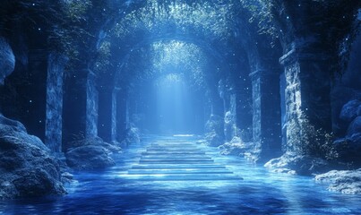 Surreal Digital Archive with Nature Scenes in Ancient Stone Corridor, Dreamlike Atmosphere, Blue Ambient Light, Futuristic Technology Concept