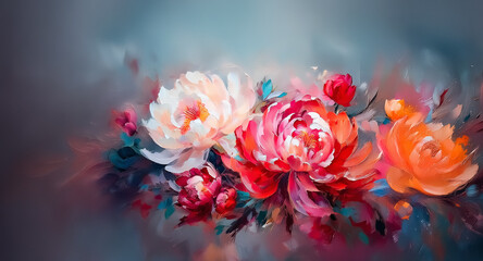 A vibrant floral painting with delicate brushstrokes captures blooming flowers in pink, red, orange, and white. A soft, romantic bouquet is set against a muted background.