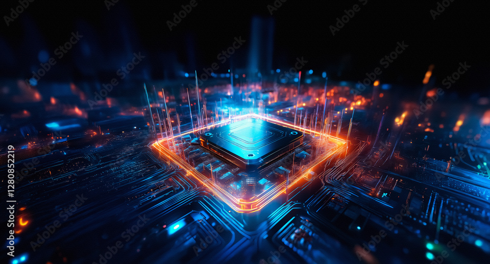 Leinwandbilder Futuristic digital circuit board with glowing orange and blue light trails. Complex network and technology displayed in a dark space.