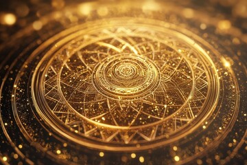 intricate mandala of spinning golden fractals with diamond dust sparkles radiating sacred geometry patterns