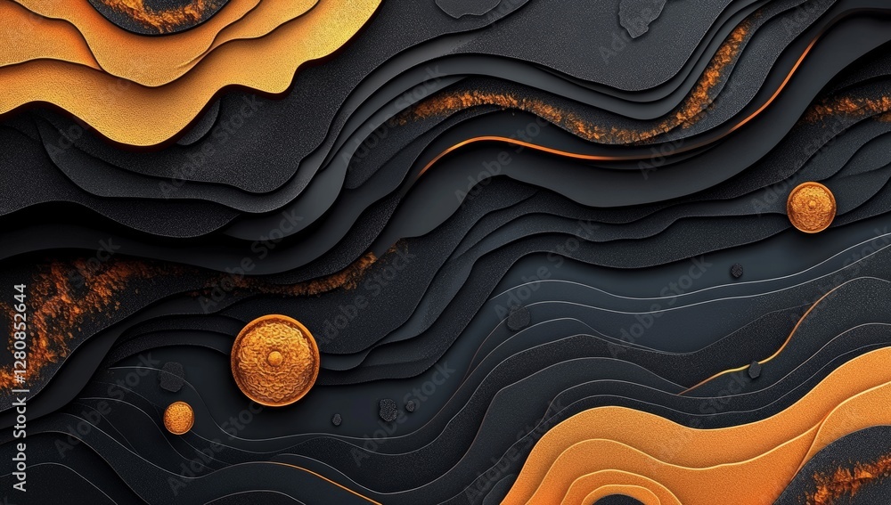 Poster luxurious black backdrop featuring a 3d textured pattern of wavy lines, accented with gold elements 