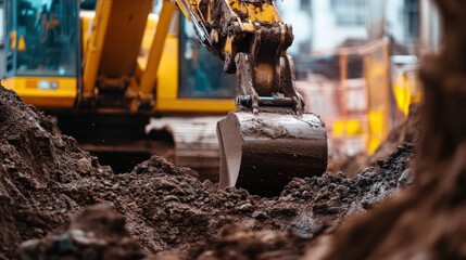Fototapeta premium Excavator digging muddy soil at construction site.