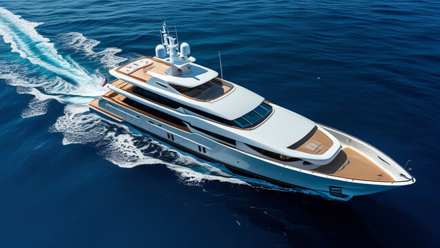 Aerial drone top view photo of beautiful modern super yacht with wooden deck cruising in high speed 