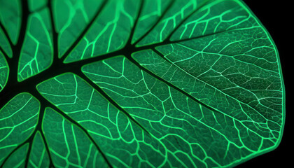 Green leaf under a microscope. A large leaf close-up with veins. carbon dioxide, process of photosynthesis, micrograph. cellular structures. biology scheme for education