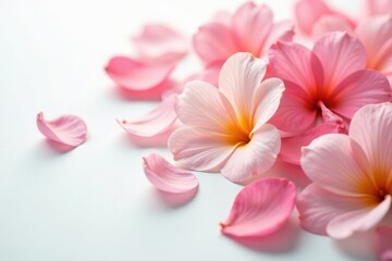 Fototapeta premium Delicate flower petals scattered on a white background, floral, botanical, soft focus