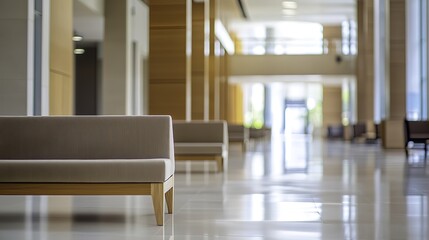 A modern interior space featuring simple furniture, clean lines, and a minimalistic design bathed in natural ambient light, with a beautifully blurred background