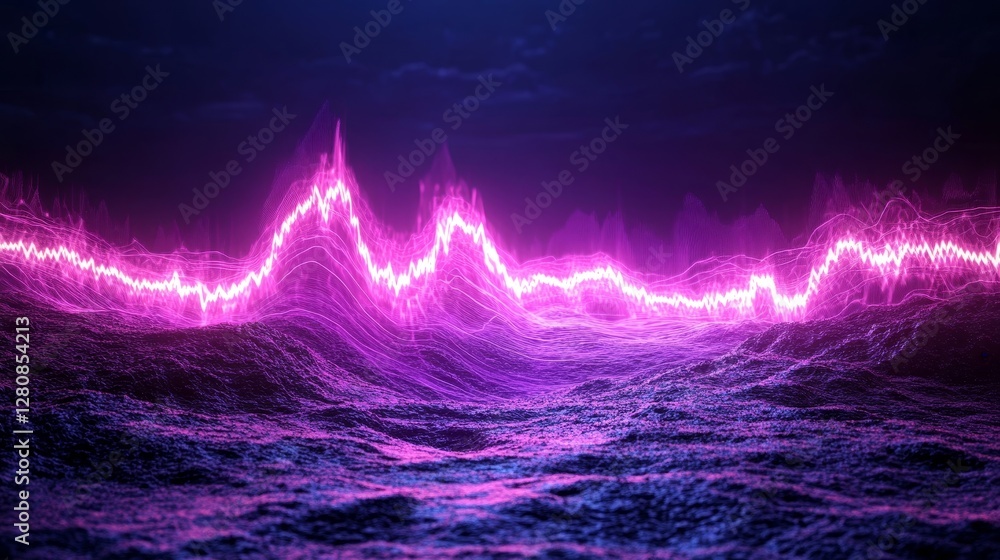 Poster a dark background featuring a blue purple wave line light gradient represents a digital backdrop of 