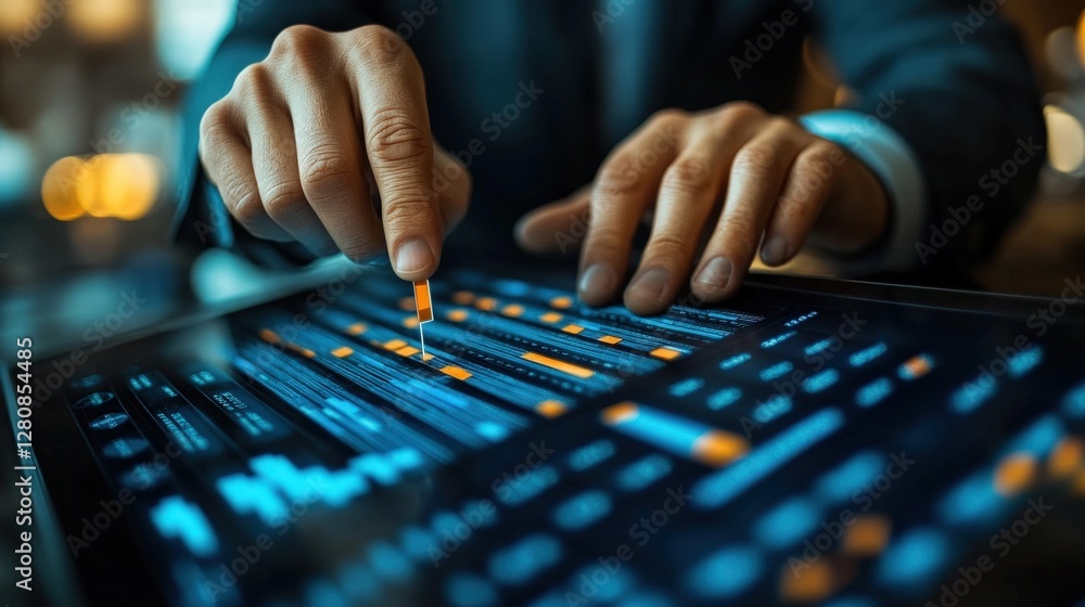Poster professional analyzing data on a touchscreen tablet in a modern office environment