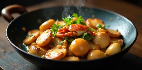 Detail of saut?ed mushrooms in a wok with crab, steaming, crab