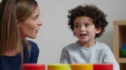Autism research professional assisting a child with a speech therapy task. Featuring speech development and autism research
