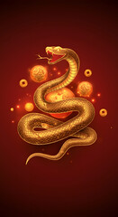 Obraz premium Mystical glowing golden snake with illuminated scales surrounded by floating golden coins on a deep red Chinese background