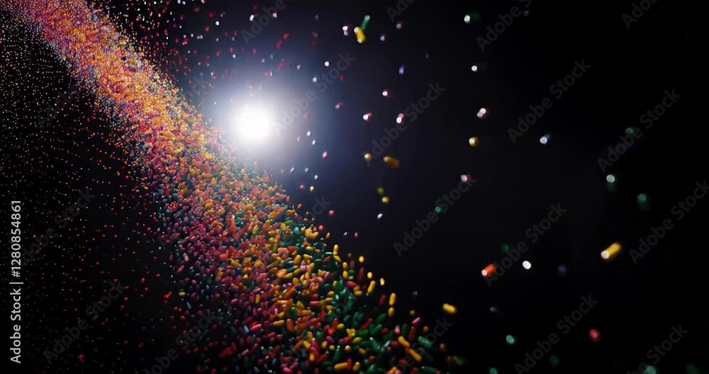Poster abstract colorful particle flow against black background in space with bright light source