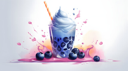 Blueberry Cream Smoothie with splash colorful watercolor