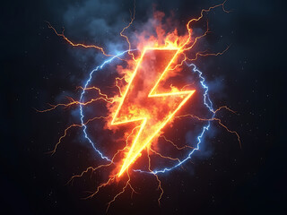 A fiery lightning bolt symbol surrounded by electrical sparks and a glowing blue circle outline