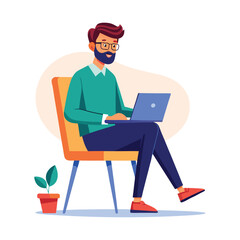 a boy is using his laptop vector