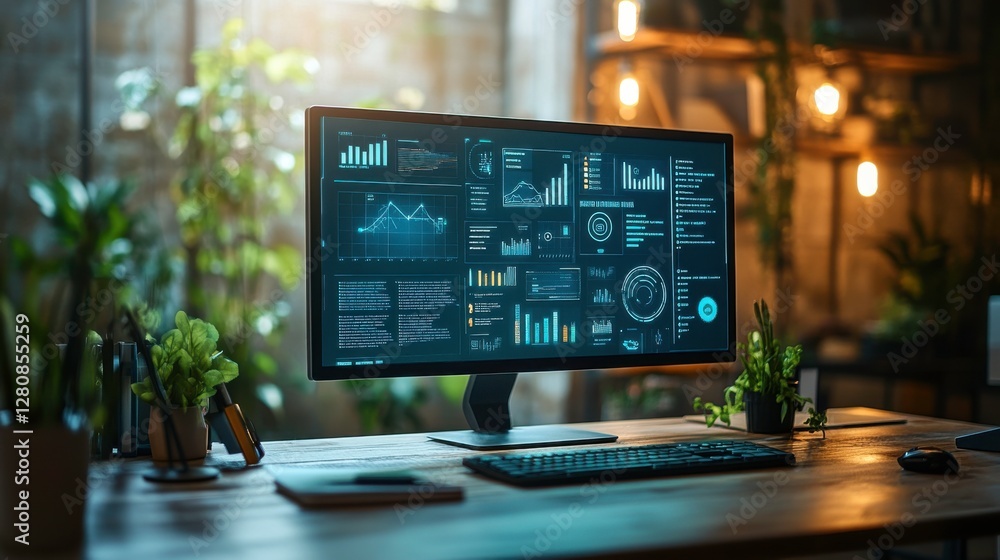 Poster a modern workspace featuring a sleek monitor displaying data analytics, surrounded by indoor plants 