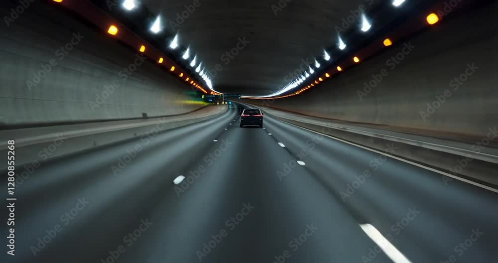 Poster inside a highway tunnel illuminated at night above with led strip light and car on highway