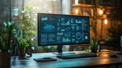 A modern workspace featuring a sleek monitor displaying data analytics, surrounded by indoor plants and warm lighting.