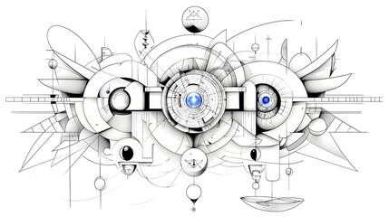 Abstract Geometric Design Monochromatic Ink Drawing with Blue Accents Intricate Circular Patterns