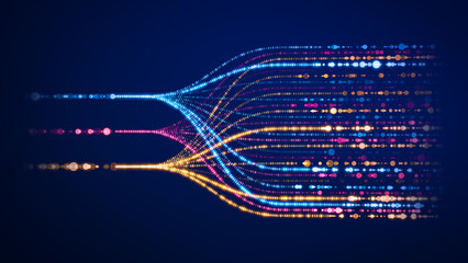 AI and Big Data futuristic illustration showcasing automation, data analytics, and innovation in technology with stream of data flowing through neural network. ANN, LLM, abstract, colorful.