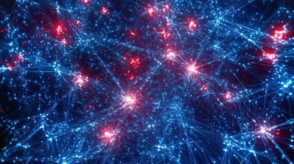 Obraz premium Abstract network, blue and red glowing nodes connected by lines.