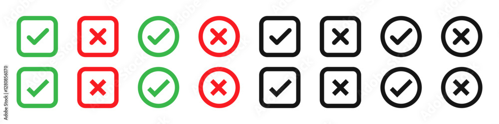 Poster checkmark and x mark icons. check mark icon set. check mark vector icon. checkmark, cross mark icon 