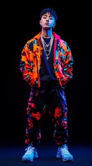 Fototapeta premium A young Asian man poses in vibrant, neon-colored streetwear. The bold print and dark background create a striking contrast.