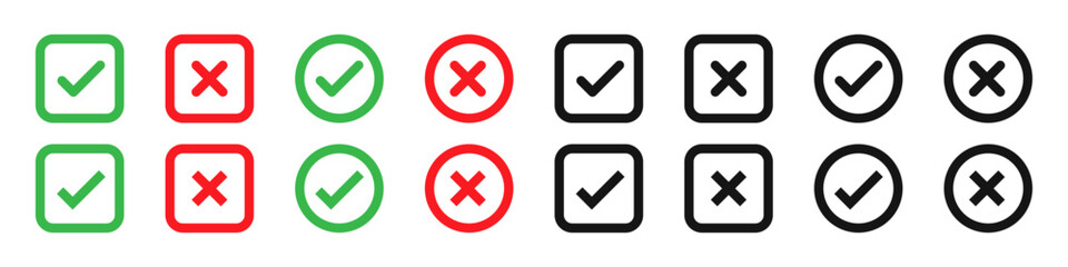 Checkmark and X mark icons. Check mark icon set. Check mark vector icon. Checkmark,  cross mark icon set