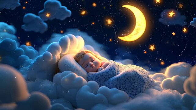 A sleeping child in a cloud-like setting is seen against a dark blue sky with a bright crescent moon and scattered stars, and the clouds are white and fluffy