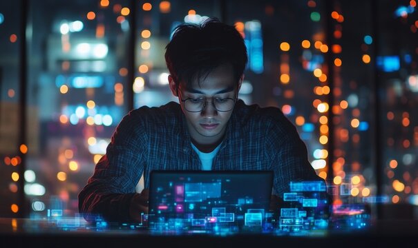 Night-time Mobile App Development and Coding, Male Software Developer Writing JavaScript on Laptop, Futuristic Digital Technology Concept