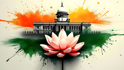 Watercolor image depicting a lotus flower in front of a building with orange and green splashes
