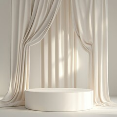 Neutral palette fashion photography featuring elegant white curtains and minimalist stage