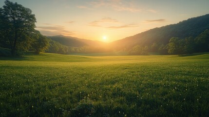Serene sunset over a lush green meadow with distant hills and soft clouds in the sky