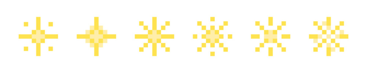 Pixelated stars. Pixel star set. Shiny stars pixel art icon set. 8-bit stars. Sparkling stars pixel art.