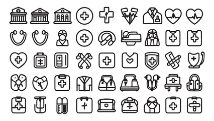 Social media hospital and medical health care editable stroke outline icons set isolated on white background flat vector illustration. 
