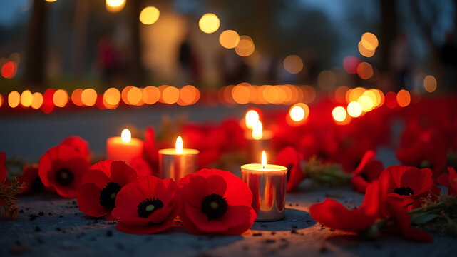 A remembrance scene with red poppies and glowing candles against a blurred bokeh background of lights
