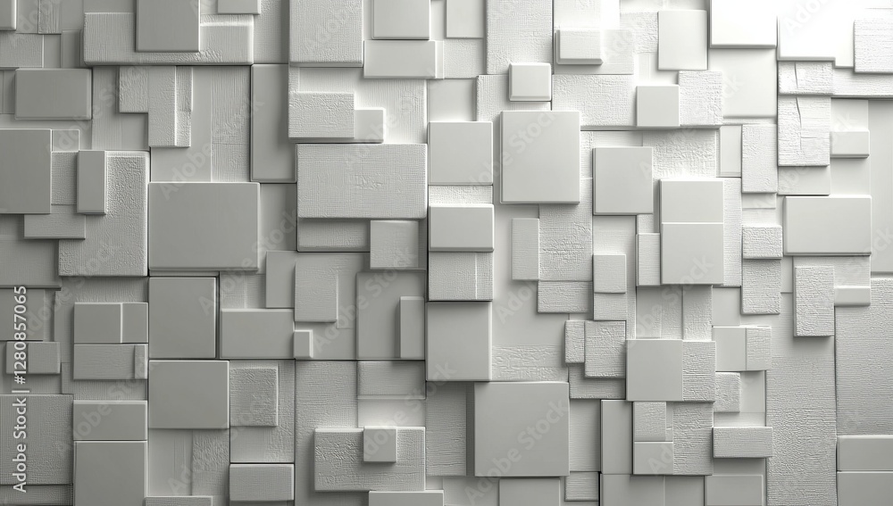 Poster white cube boxes that have been randomly shifted and scaled form a block pattern for background wall