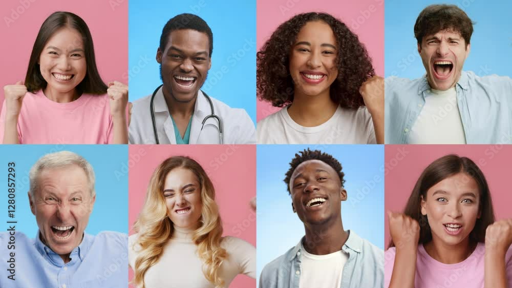 Poster a cheerful group of adults and kids displays a range of happy emotions, celebrating success with ges