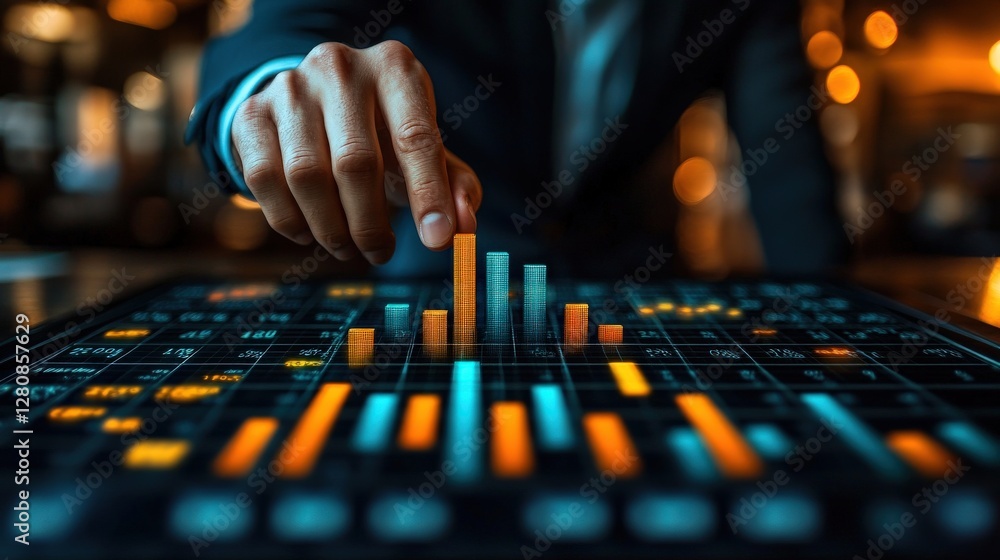 Poster business professional analyzing data trends on a digital interface in a modern office setting
